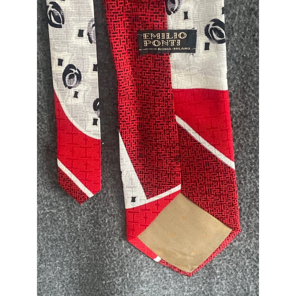 Emilio Ponte Necktie Abstract Geometric Red Black White Men Silk Korea VTG